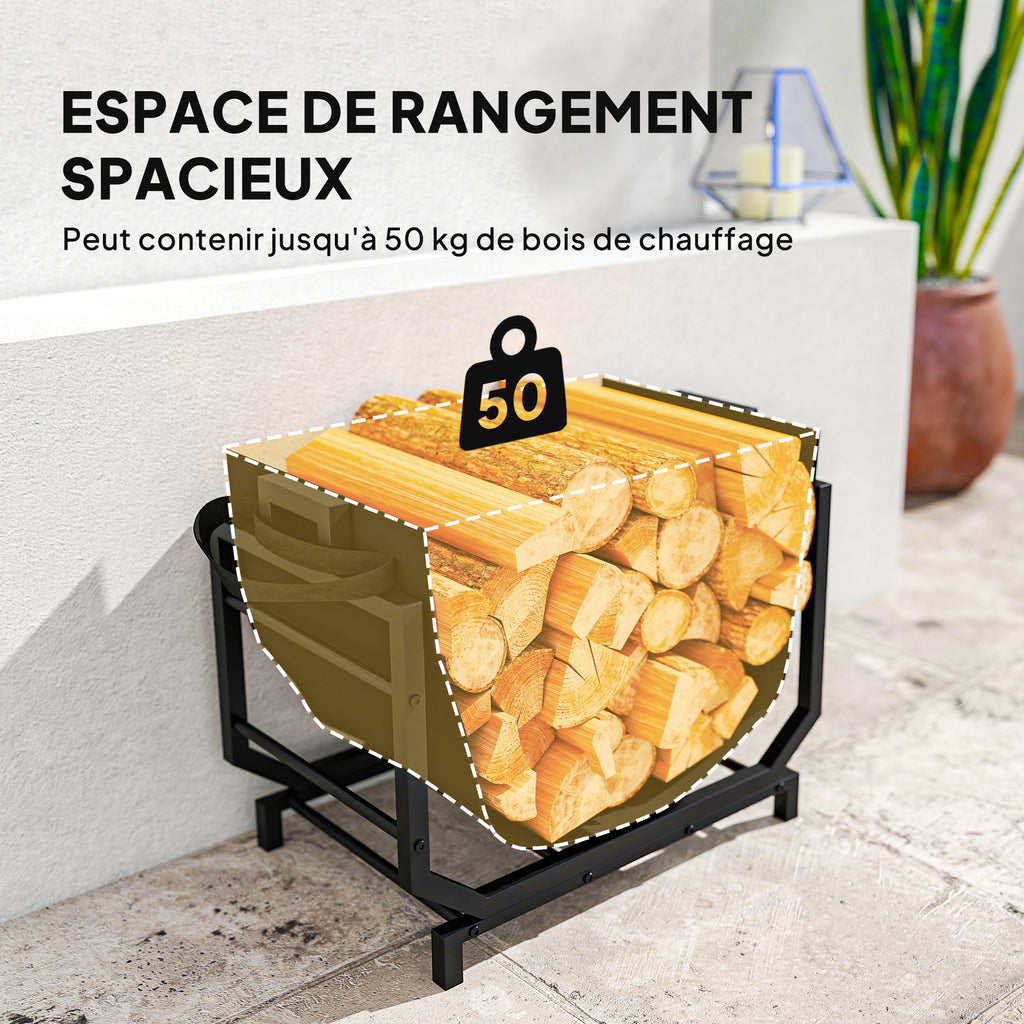 Range-bûches porte buche avec sac de transport et poignées pour intérieure, en métal robuste, 53 x 33 x 43 cm, noir-3