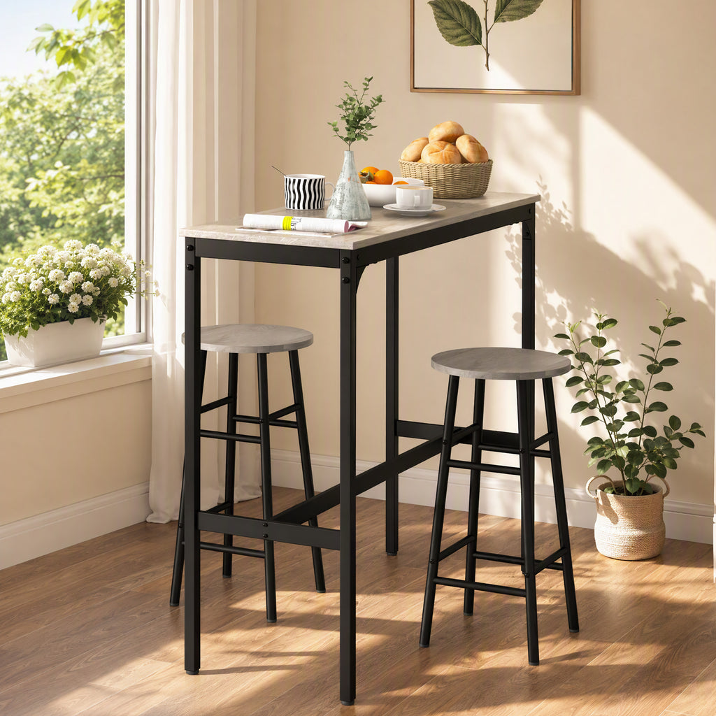 Ensemble table haute de bar + 2 tabourets structure en acier plateau aspect effet bois gris 2 personnes noir-6