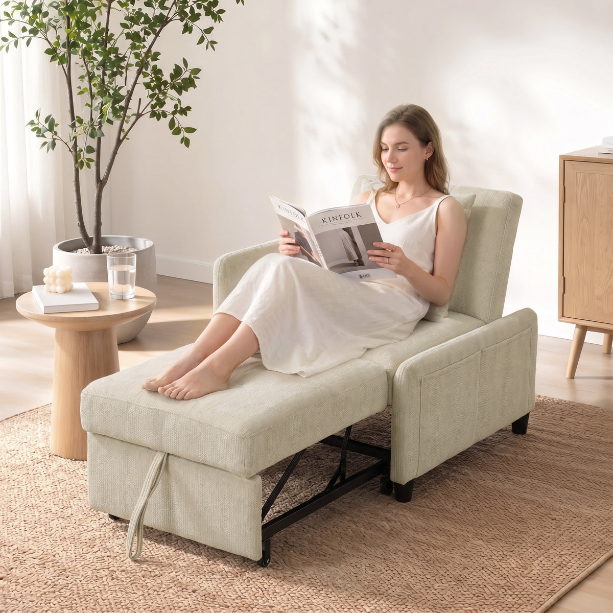 Fauteuil Convertible 1 Place, Fauteuil-Lit Clic-Clac 4 en 1 Rembourré en Chenille, Dossier Réglable, Assise Large, Beige-7