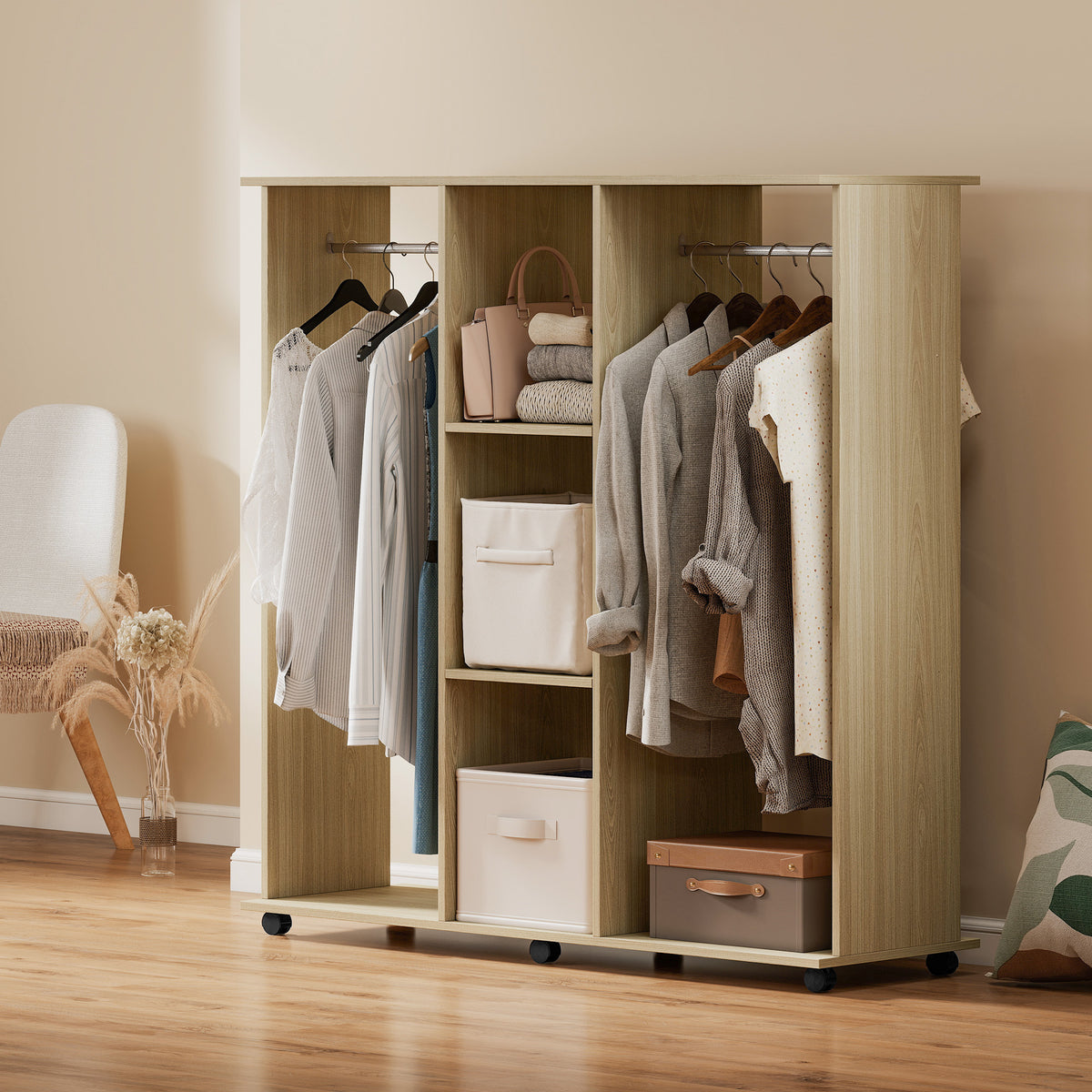 Armoire penderie Meuble de Rangement Mobile 6 roulettes 120L x 40l x 128H cm en bois naturel-1