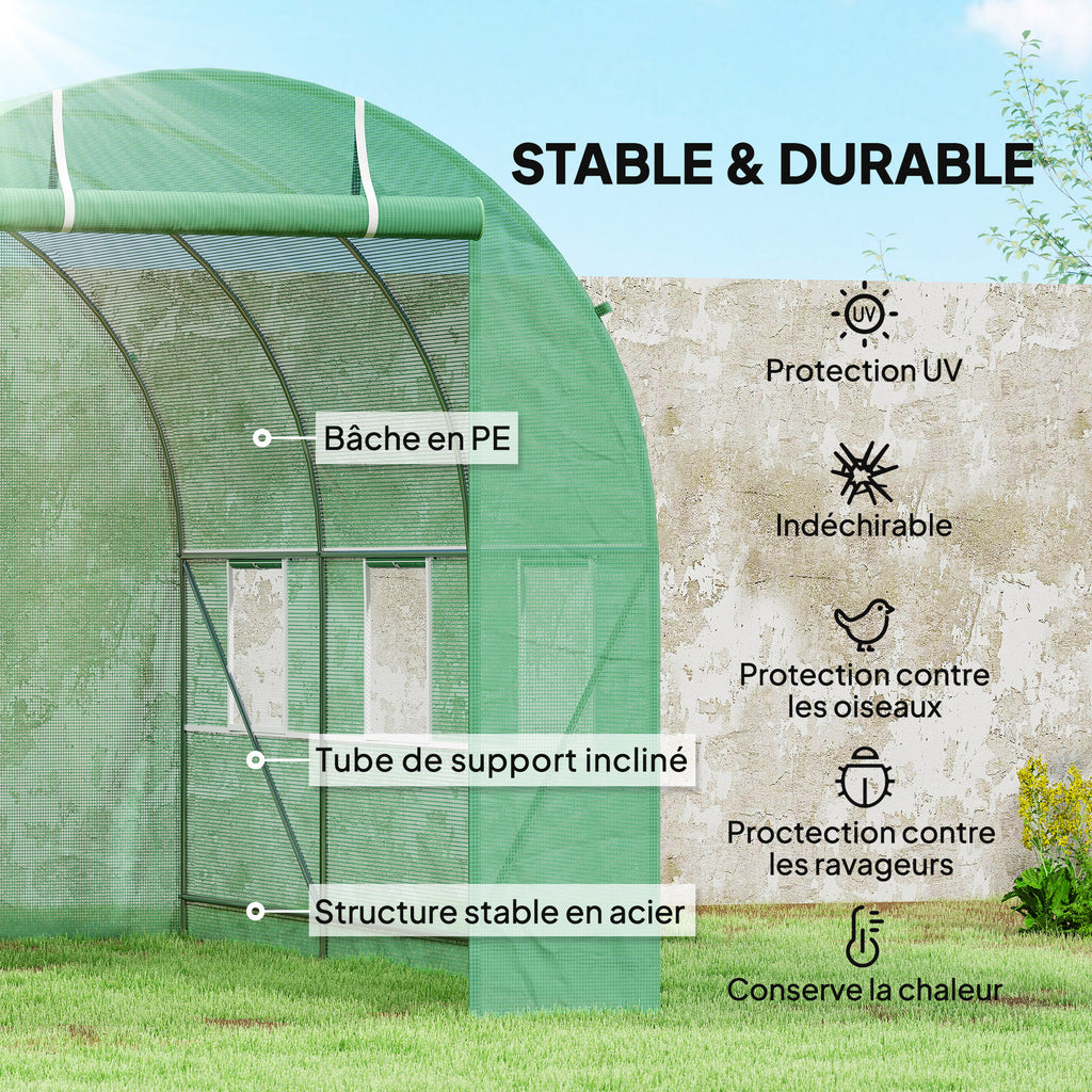 Serre de Jardin Tunnel Surface Sol 7m² 3,5L x 2l x 2H m châssis Tubulaire renforcé Porte zippée 6 fenêtres enroulables Vert-3