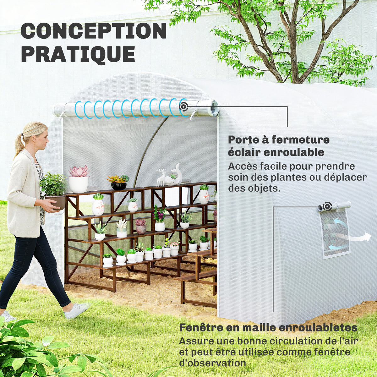 Serre de Jardin Tunnel Surface Sol 18 m² 6L x 3l x 2H m châssis Tubulaire renforcé 24 mm 8 fenêtres Blanc-5