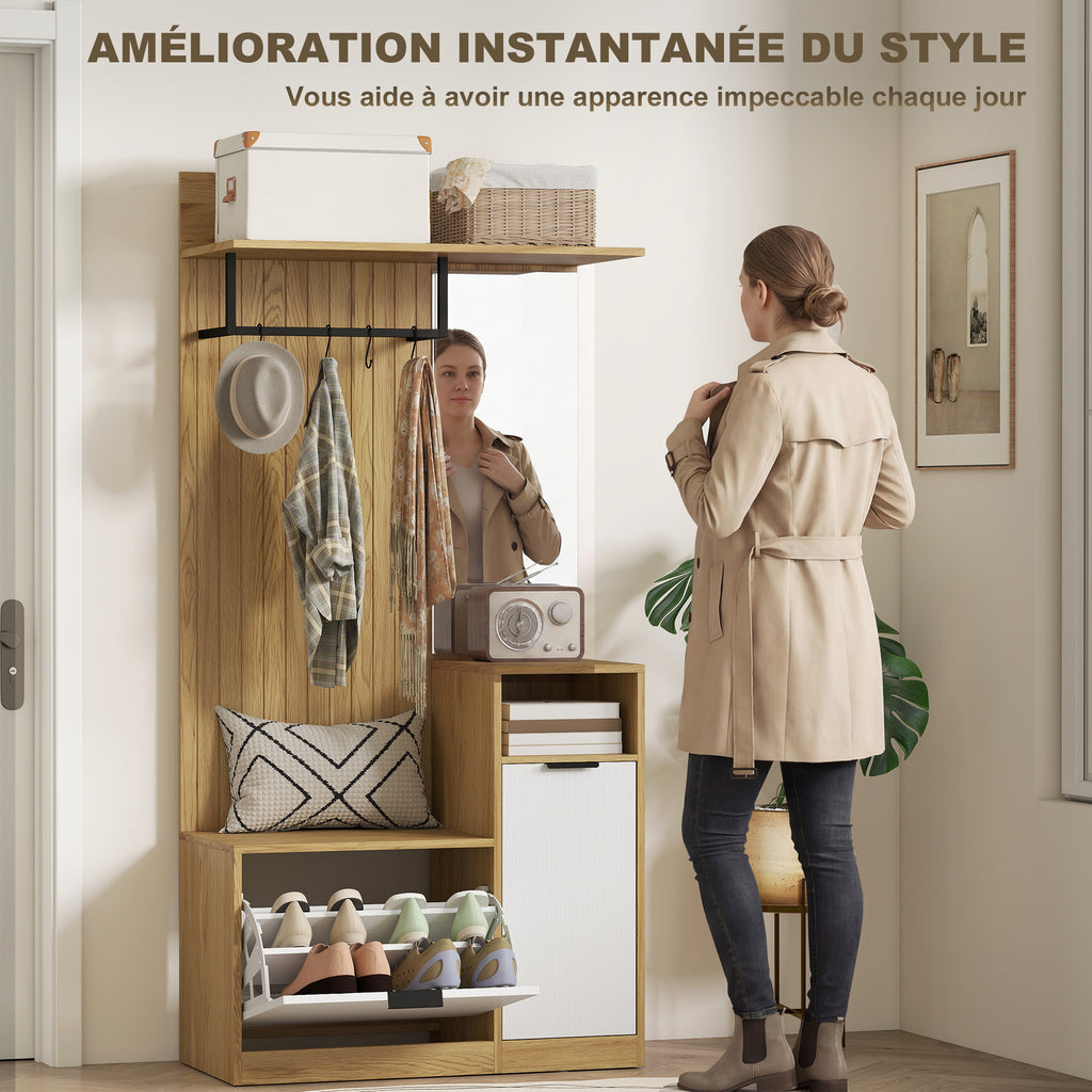 Meuble d'entrée 6 en 1, vestiaire d'entrée avec banc à chaussures rabattable, miroir, 80x36x168cm, chêne-4
