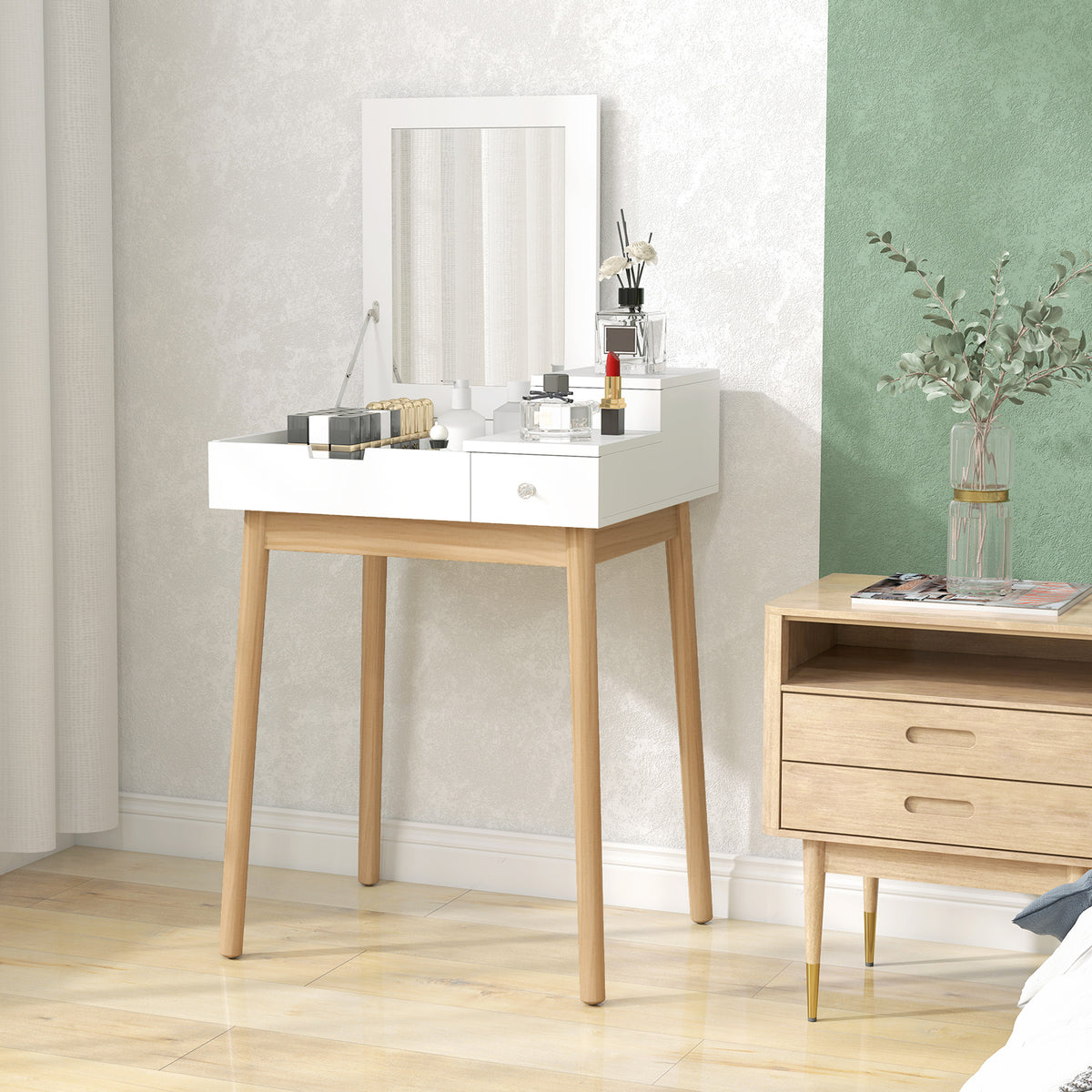 Coiffeuse avec miroir table de maquillage style moderne - 2 tiroirs, miroir rabattable pour chambre à coucher, salon, 60 x 50 x 85,5 cm blanc-6