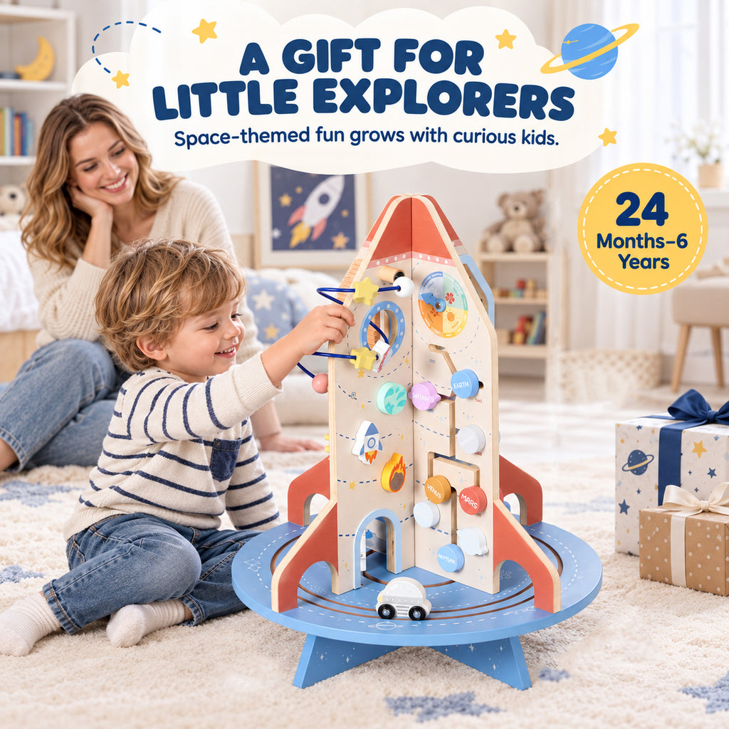 Cube d'Activités en Bois Thème Fusée, Cube Éducatif avec Trieur de Formes et Labyrinthe de Perles, pour 2 à 6 Ans-7