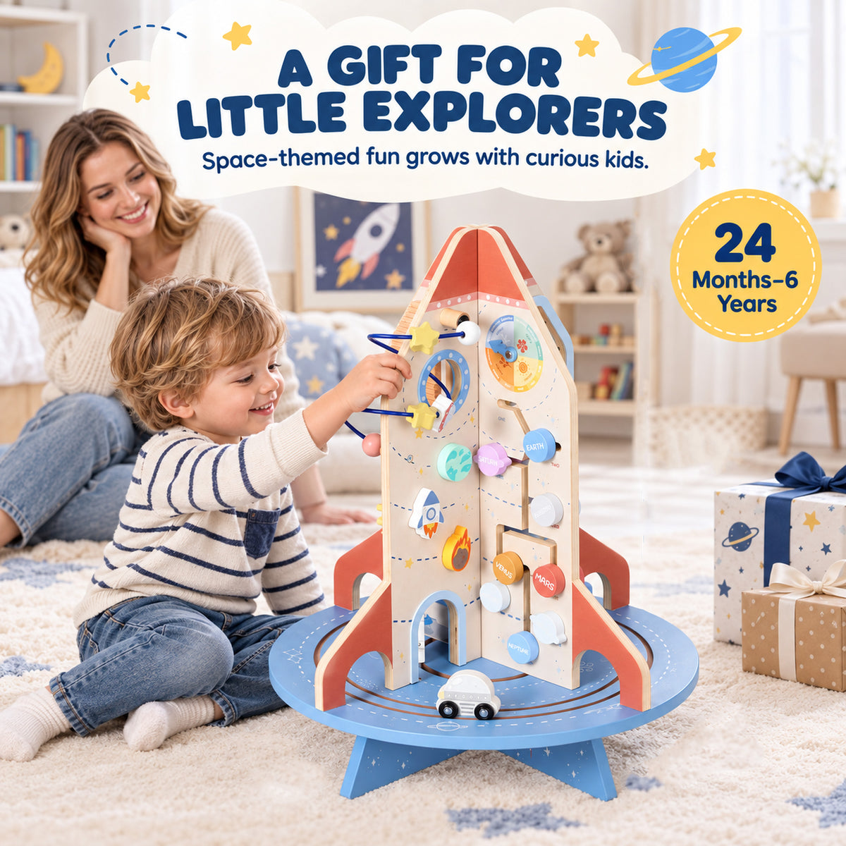 Cube d'Activités en Bois Thème Fusée, Cube Éducatif avec Trieur de Formes et Labyrinthe de Perles, pour 2 à 6 Ans-7