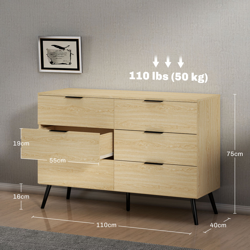 Commode 6 tiroirs Commode moderne pour chambre à coucher avec design anti-basculement 110L x 40l x 75H cm Aspect bois-2