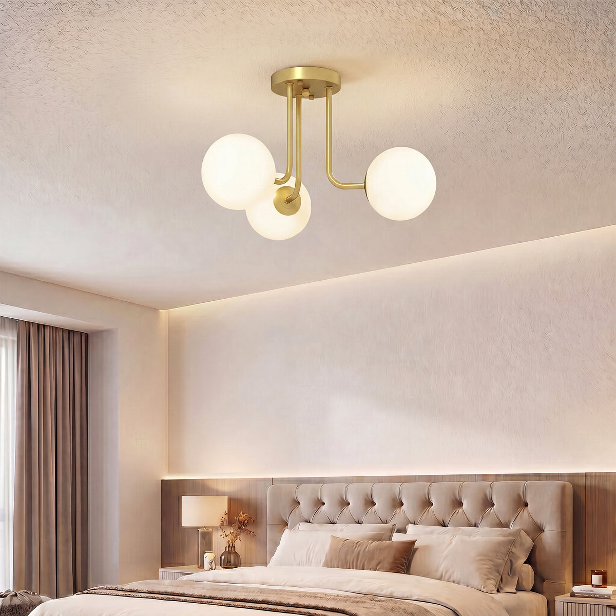 Plafonnier LED 25W, luminaire plafonnier 3 lumières avec douilles G9, abat-jour globe, 42 x 42 x 26,5 cm, doré-1