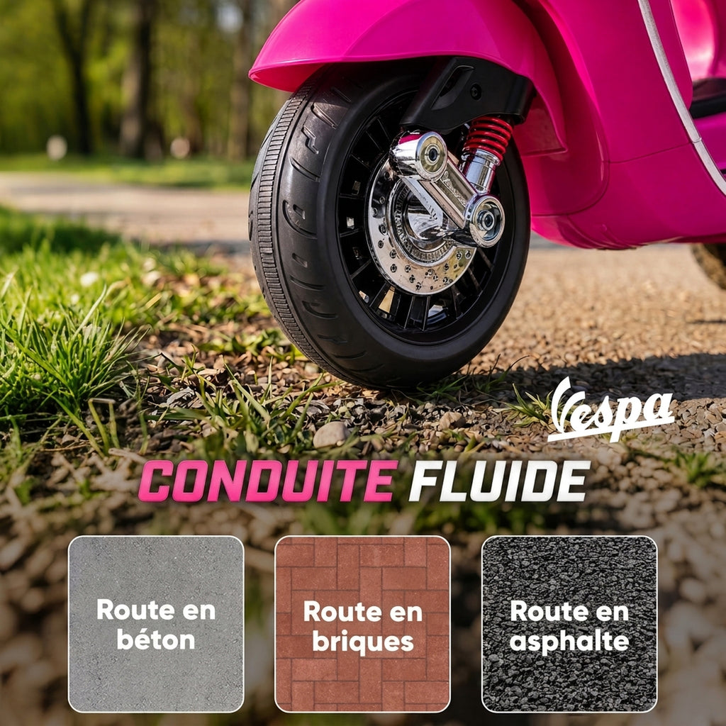 Scooter électrique enfant Vespa 6 V dim. 107L x 47l x 73H cm Musique MP3 Port USB Phare 2 roues d'entraînement - Rose-6