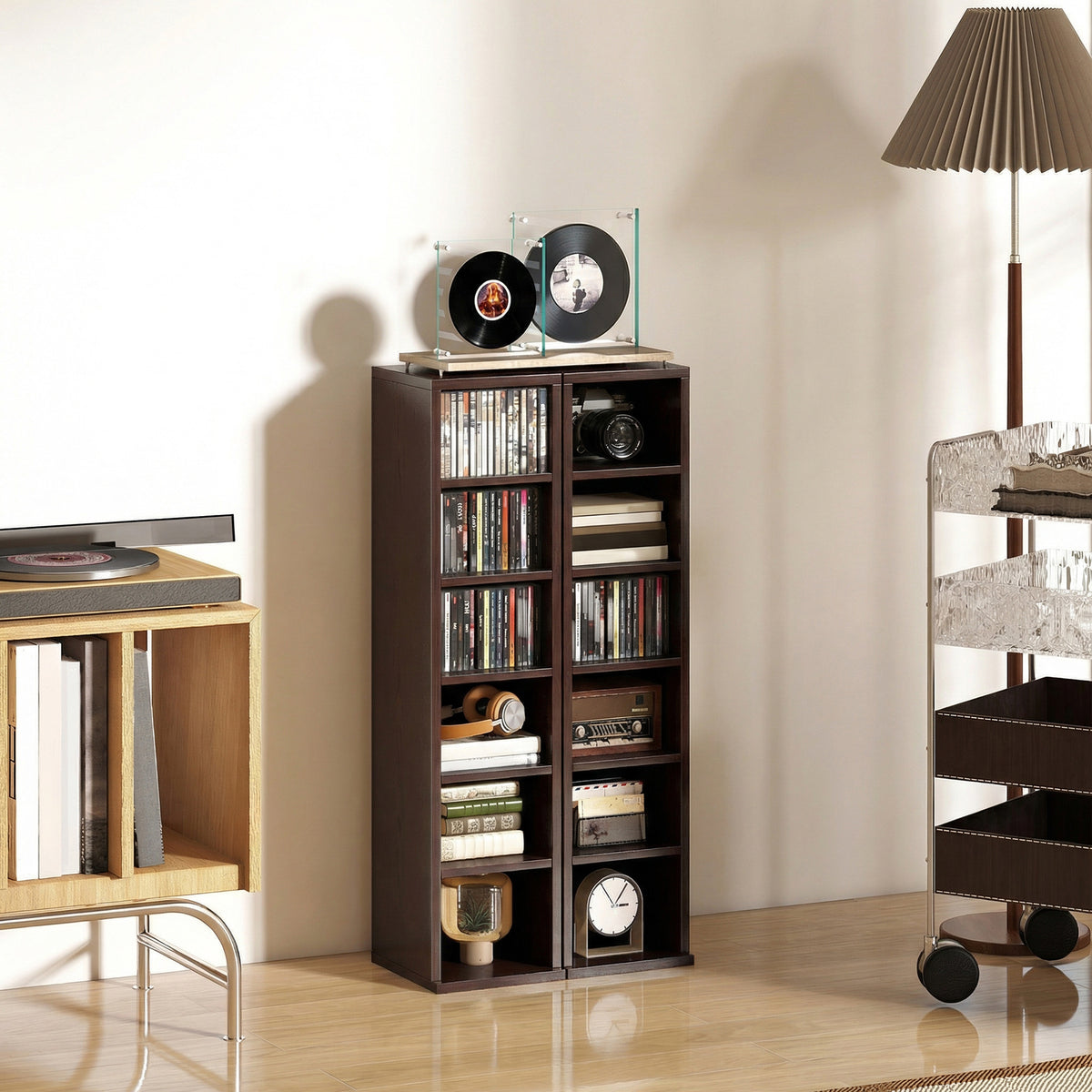 Lot de 2 étagères colonnes armoire de rangement CD-DVD 12 compartiments 21 x 22,5 x 88,5 cm capacité 204 CD marron-8