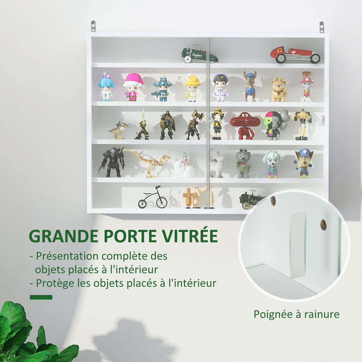 Vitrine murale pour objets de collection 4 étagère réglables en hauteur et 2 portes coulissantes 80 x 9,5 x 60 cm blanc-4