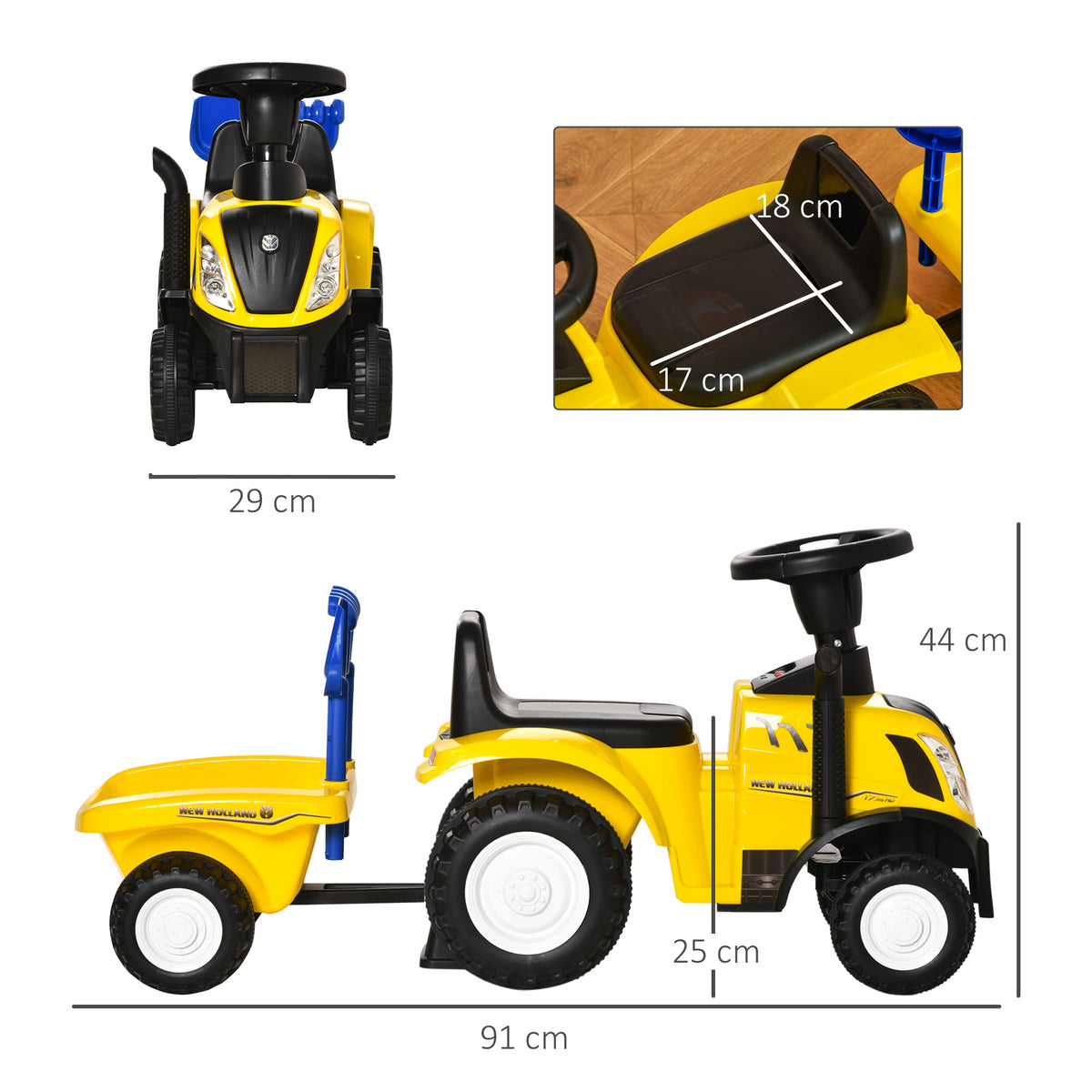 Porteur tracteur enfants avec coffre amovible, râteau et pelle, voiture enfants avec lumière LED et klaxon, jaune-2