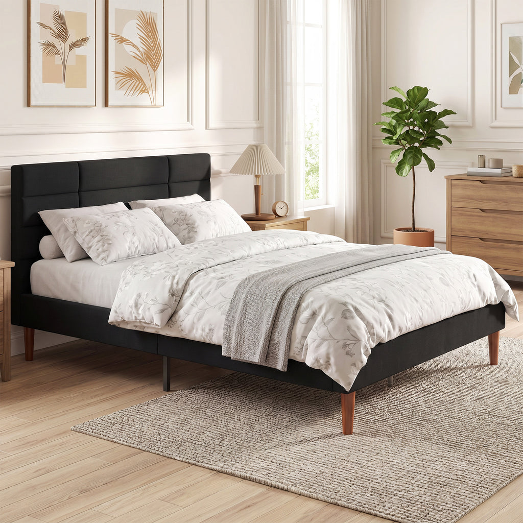 Cadre de Lit 140 x 200 cm avec Sommier Bois, Lit Double Rembourré en Effet Lin, Rangement au-dessous, Sans Bruit, Noir-7