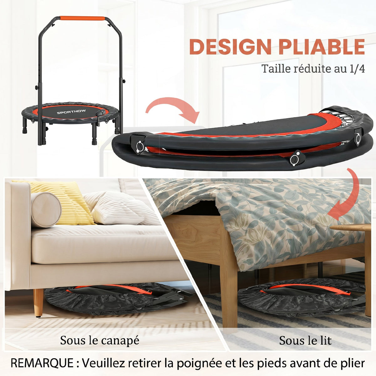 Trampoline de fitness gymnastique avec poignée réglable, pliable, 6 pieds, 28 ressorts Ø 102 cm, noir rouge-4