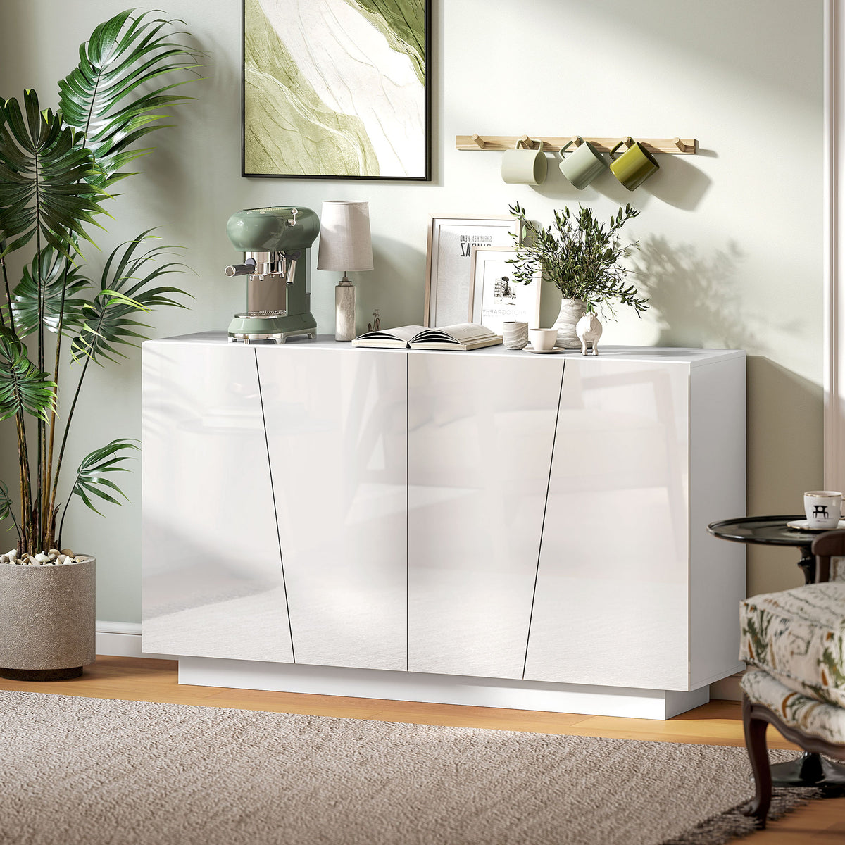 Meuble de rangement avec placards à portes et étagère réglable, 150 x 40 x 88 cm, blanc brillant-1