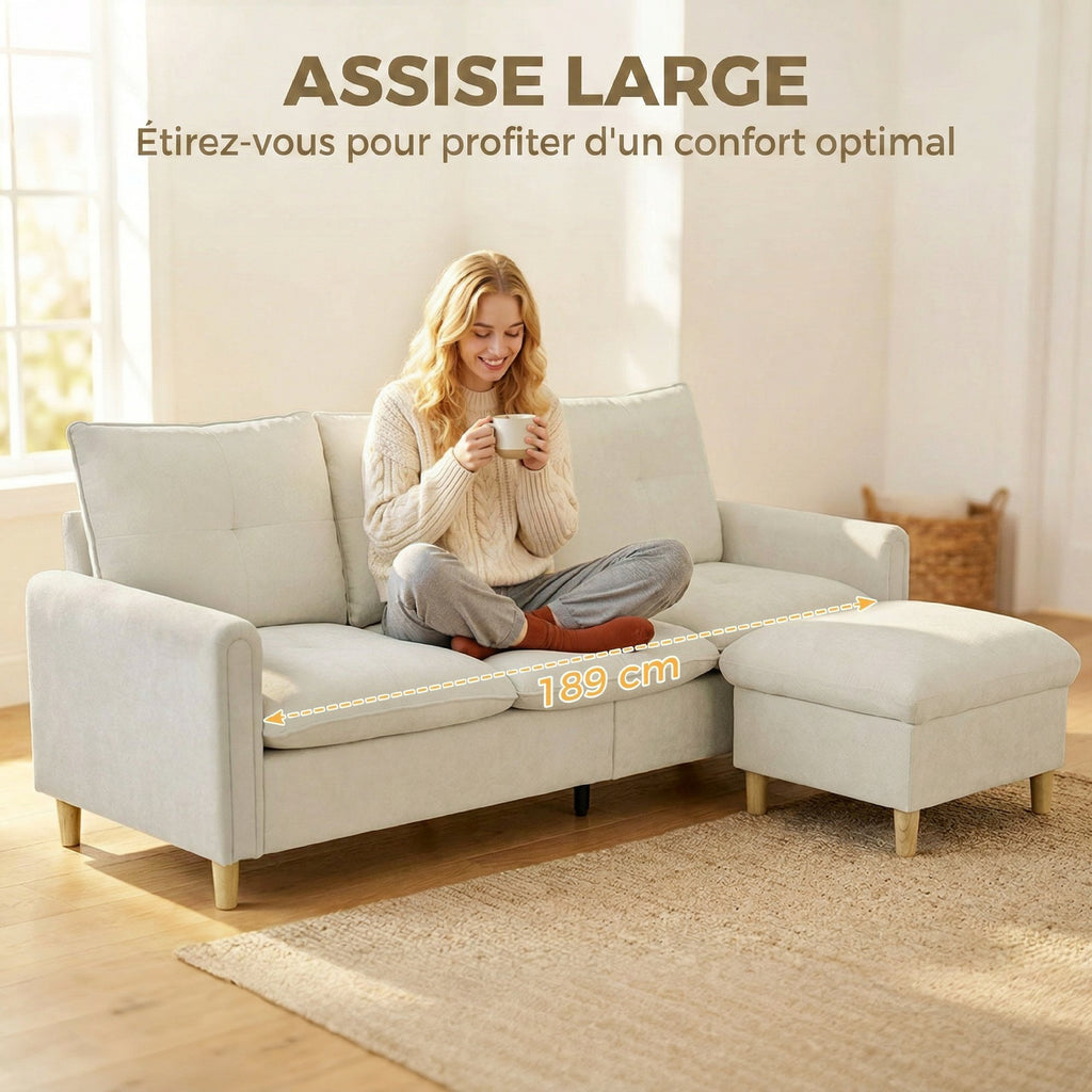 Canapé 3 places avec pouf de rangement, canapé d'angle modulable 210 cm, assise large, tissu aspect lin, crème-6