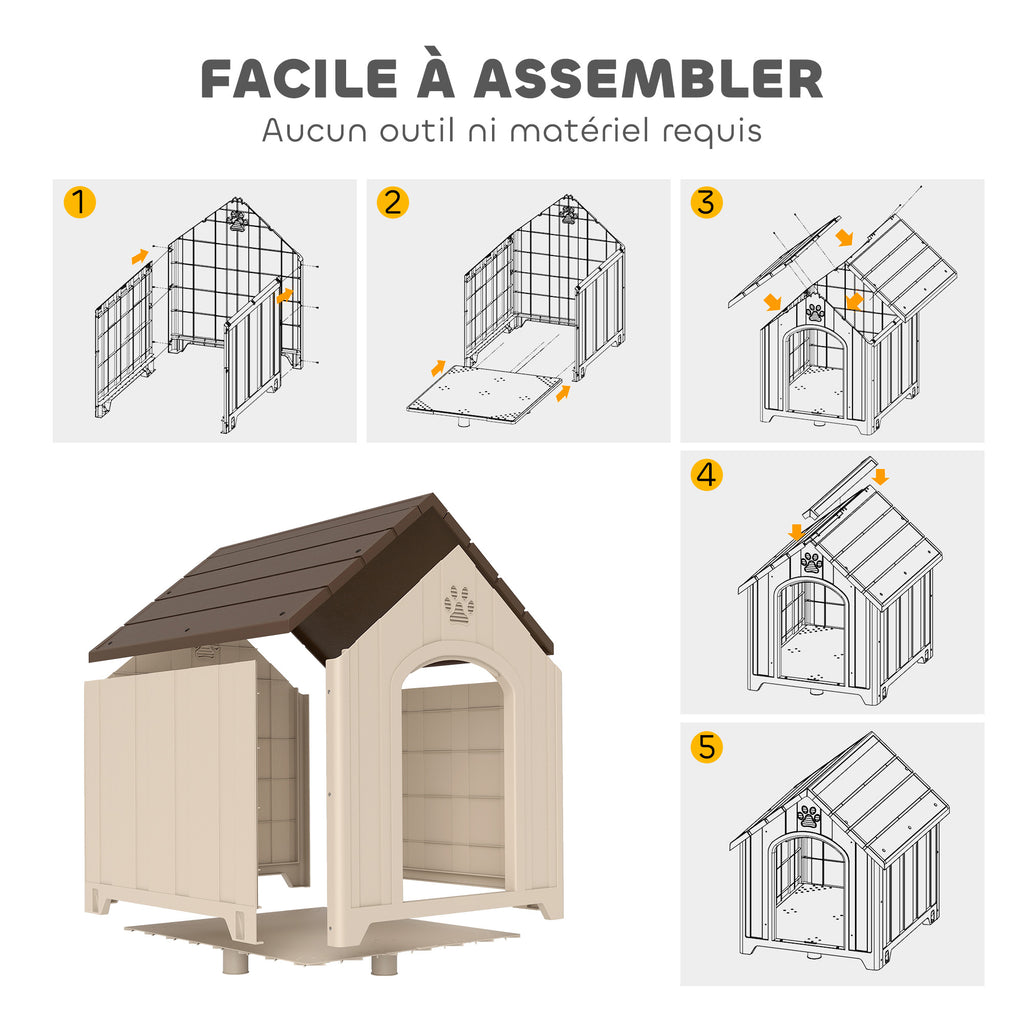 Niche pour chien extérieur, maison chien en polypropylène imperméable, ventilé, plancher surélevé, beige-6