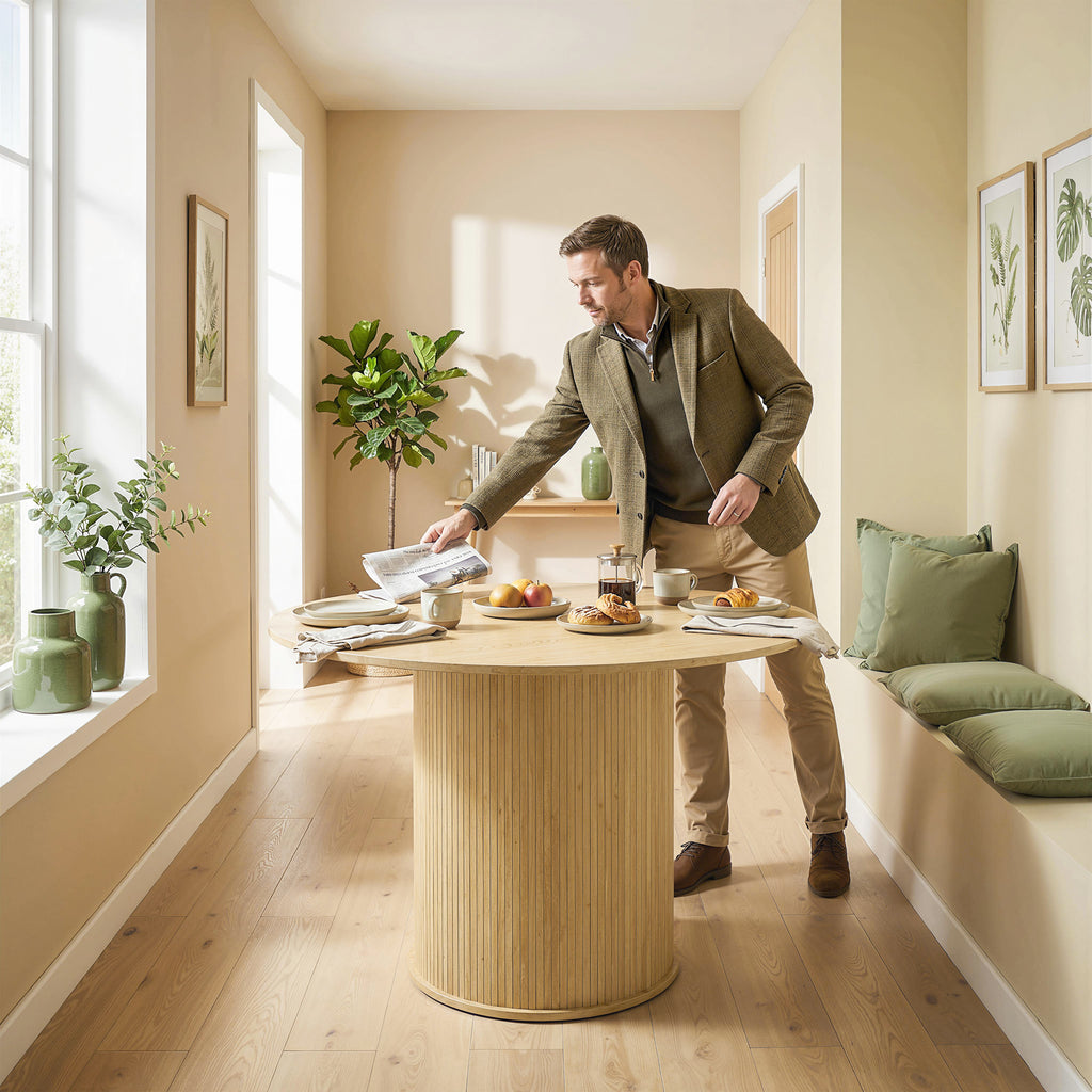 Table à manger ronde pour 4-6 personnes, Ø 120 x 75 cm, table de cuisine avec base cylindrique cannelée, bois naturel-8