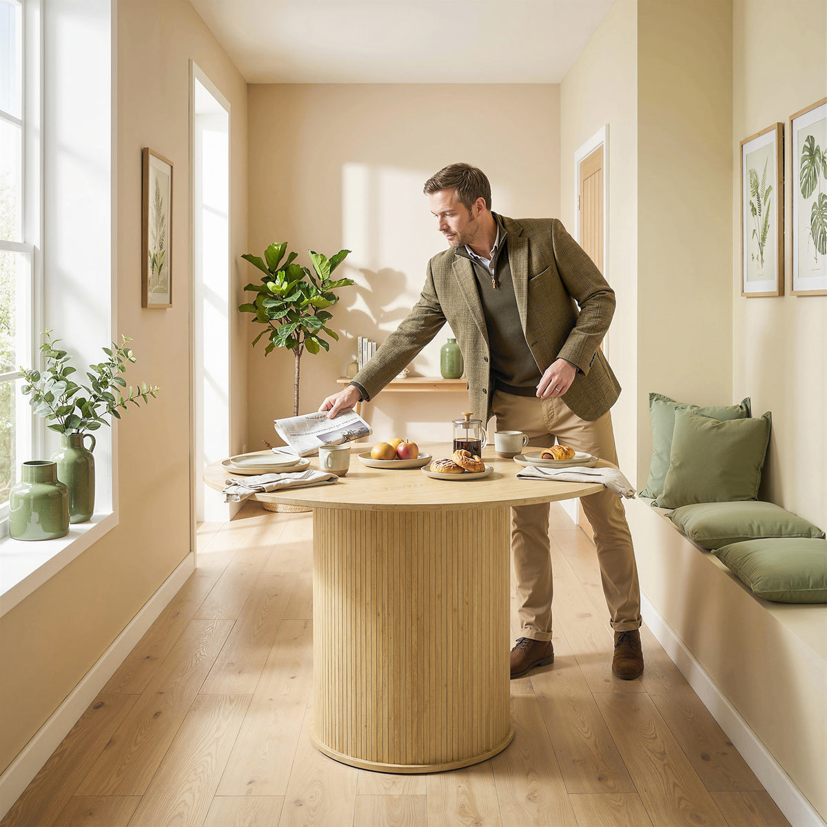 Table à manger ronde pour 4-6 personnes, Ø 120 x 75 cm, table de cuisine avec base cylindrique cannelée, bois naturel-8