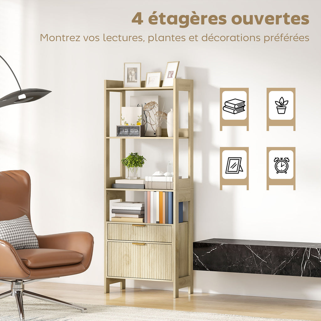 Bibliothèque haute, meuble de rangement avec 4 étagères ouvertes et 2 tiroirs cannelés, 60 x 30 x 160 cm, bois naturel-4