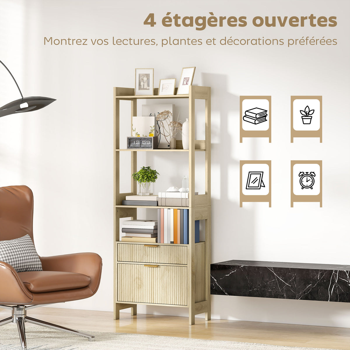 Bibliothèque haute, meuble de rangement avec 4 étagères ouvertes et 2 tiroirs cannelés, 60 x 30 x 160 cm, bois naturel-4