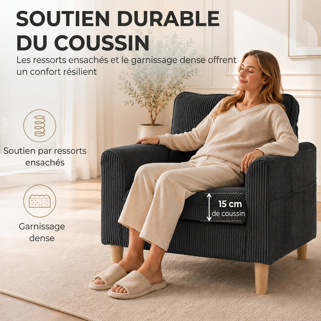 Fauteuil de salon en velours côtelé, canapé 1 place rembourré, assise large, coussin à ressorts, 83x74x87cm, Gris Foncé-4