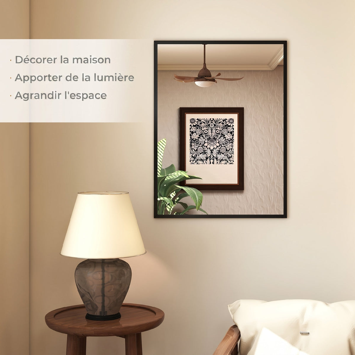 Miroir mural rectangulaire 76 x 101 cm, cadre en bois noir, idéal pour la salle de bain, salon ou chambre-3