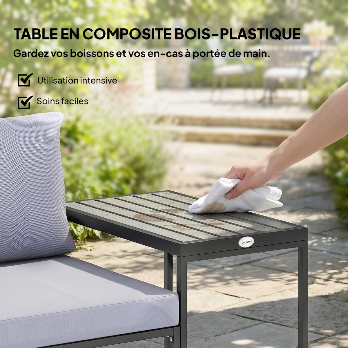 Salon de jardin 3 pièces coussins 14cm et accoudoirs en composite bois-plastique 2 fauteuils et table d'appoint gris-5