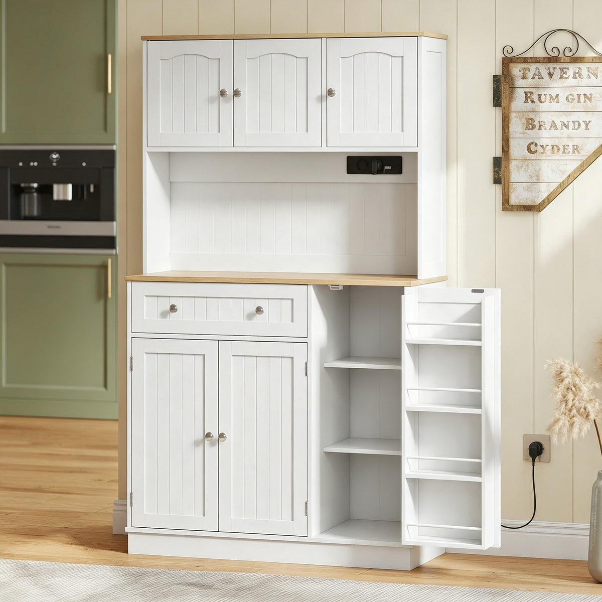 Buffet haut cuisine, armoire de cuisine, station de charge, 6 portes, plan de travail, porte-épices, 100x40x173cm, blanc-1
