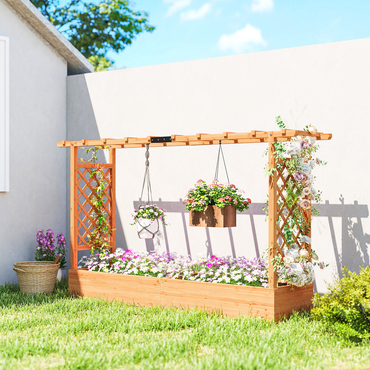 Jardinière surélevée avec treillis latéral et supérieur, bac à fleurs trous de drainage, 200x44x113,5cm, bois naturel-1