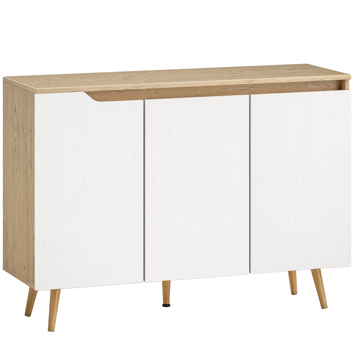 Buffet salon, meuble de rangement, 3 portes, étagères réglables et pieds en bois d'hévéa, 107x35x76,5cm, blanc et chêne-0