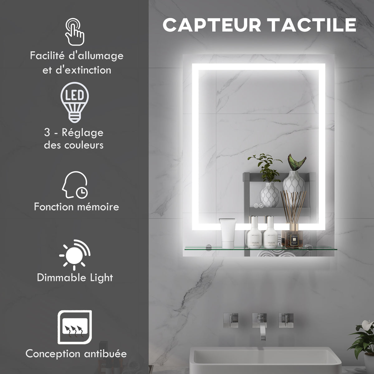 Miroir rectangulaire mural lumineux LED de salle de bain 80 x 60 cm-3