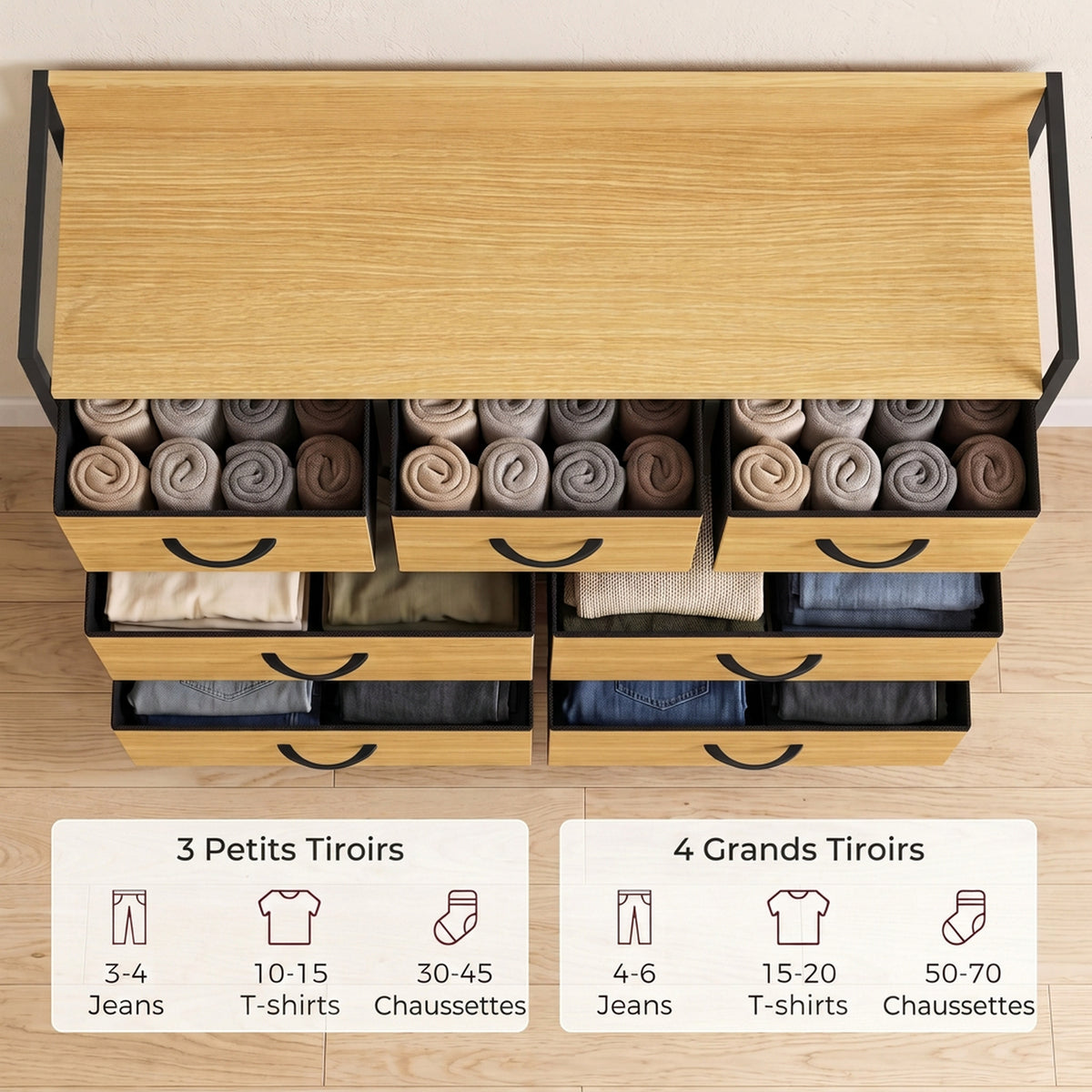 Commode 7 Tiroirs en Tissu Pliables, Commode Chambre Adulte avec Plateau Supérieur et Cadre en Acier, chêne-3