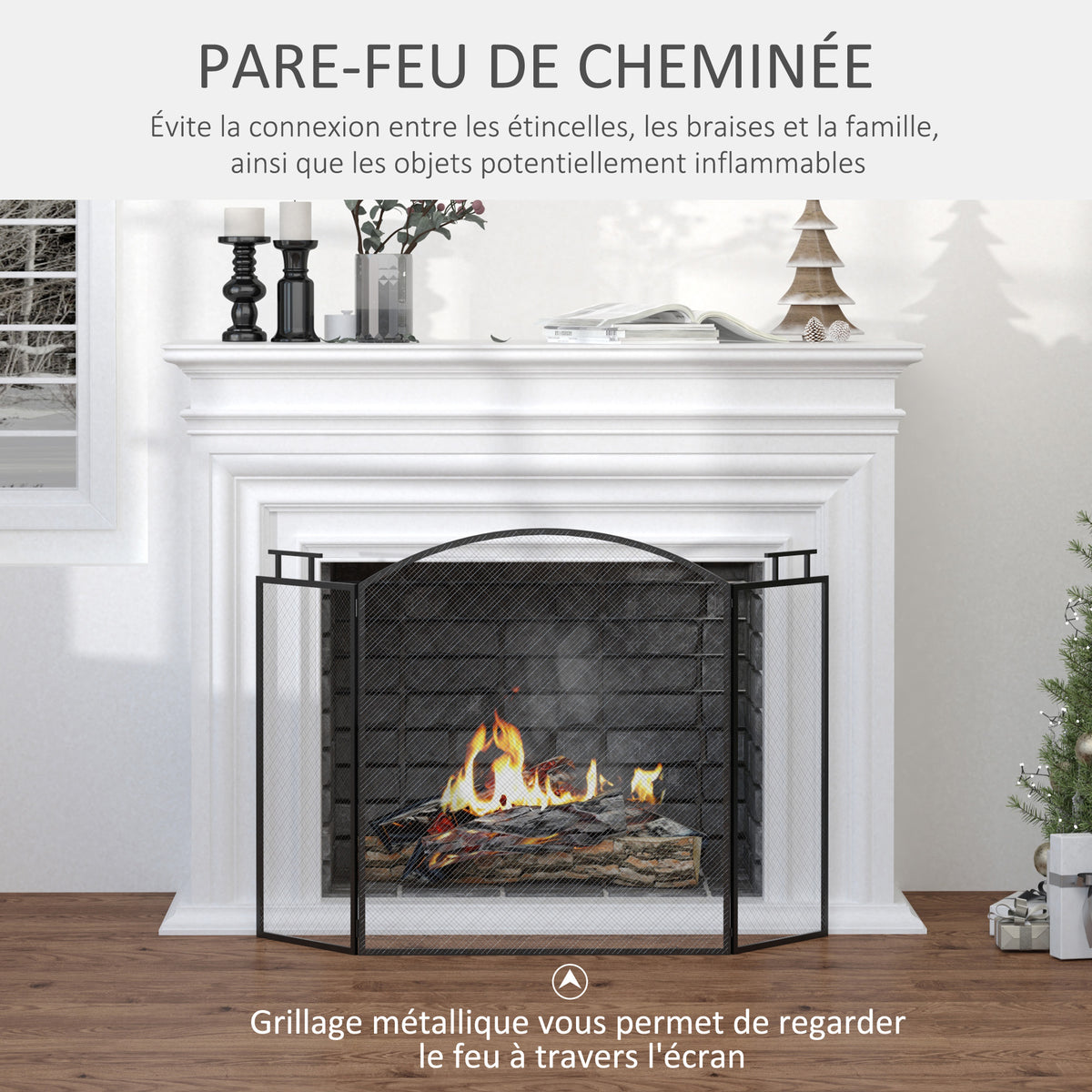Pare-feu pour cheminée ou poêle - Pare-étincelles 3 Volets Pliables - dim. 110l x 24P x 76,5H cm - Acier métal Noir-3