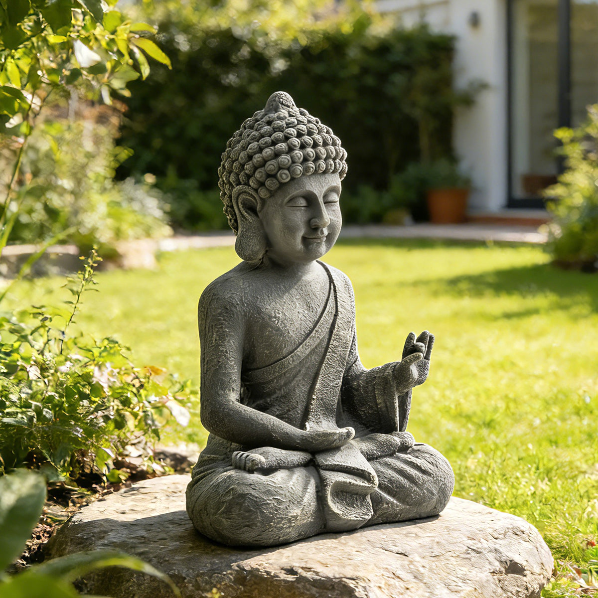 Statue de Jardin, Sculpture de Bouddha Assis en Oxyde de Magnésium, Décoration Spirituelle 32 x 23 x 51 cm, Gris Foncé-1