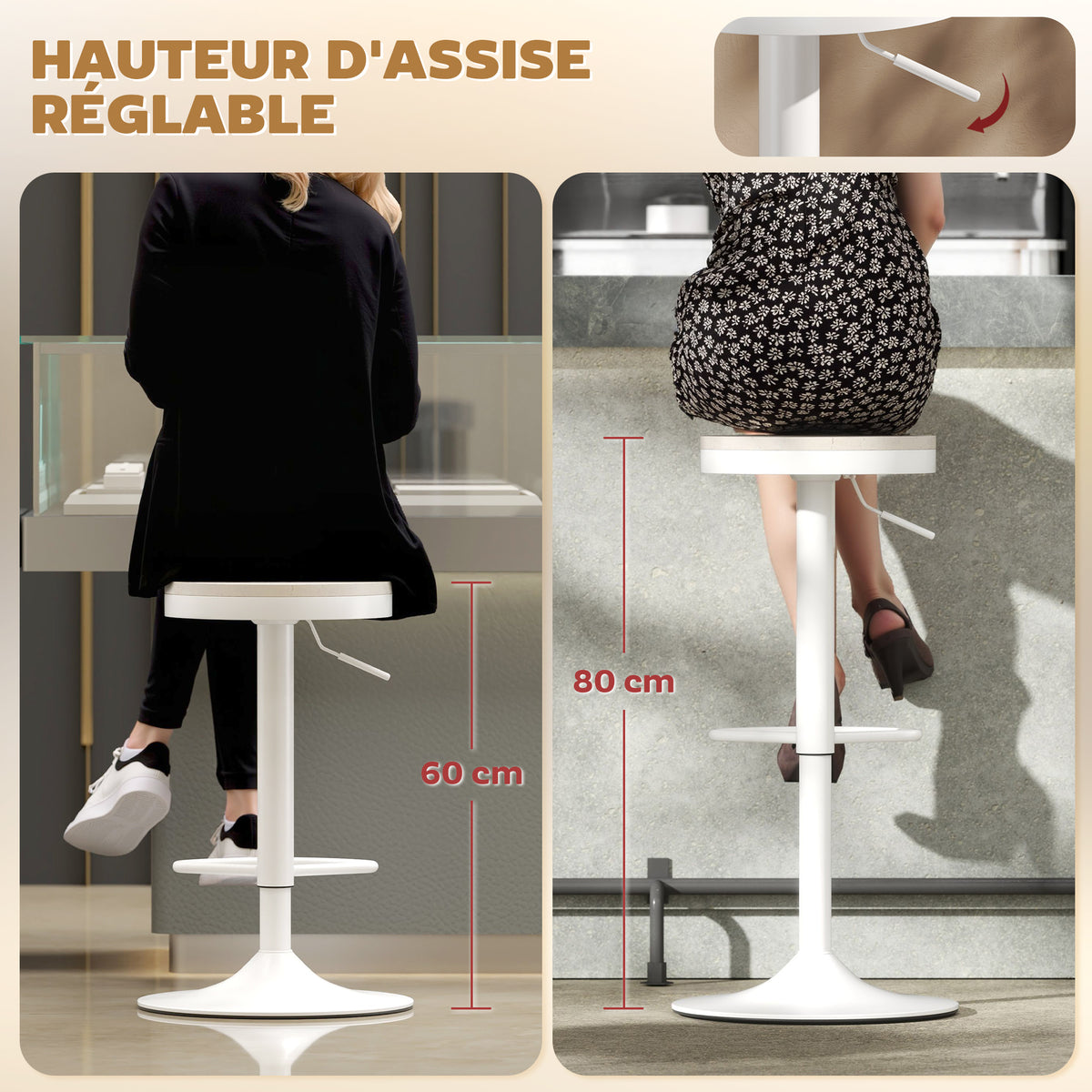 Lot de 2 tabourets de bar, chaises de bar pivotantes avec assise en hévéa, hauteur réglable et repose-pieds, blanc-3