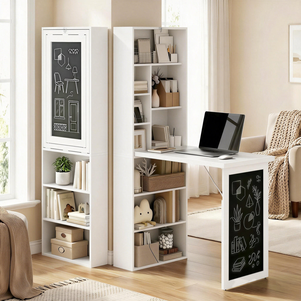 Bureau avec rangement pliable murale rabattable avec bibliothèque poste de travail tableau à craie et étagère réglable-9