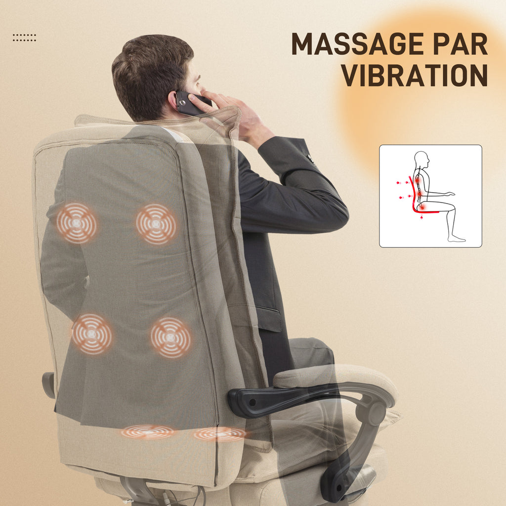 Fauteuil de bureau massant avec hauteur réglable, dossier inclinable, repose-pied intégré et télécommande filaire beige-3