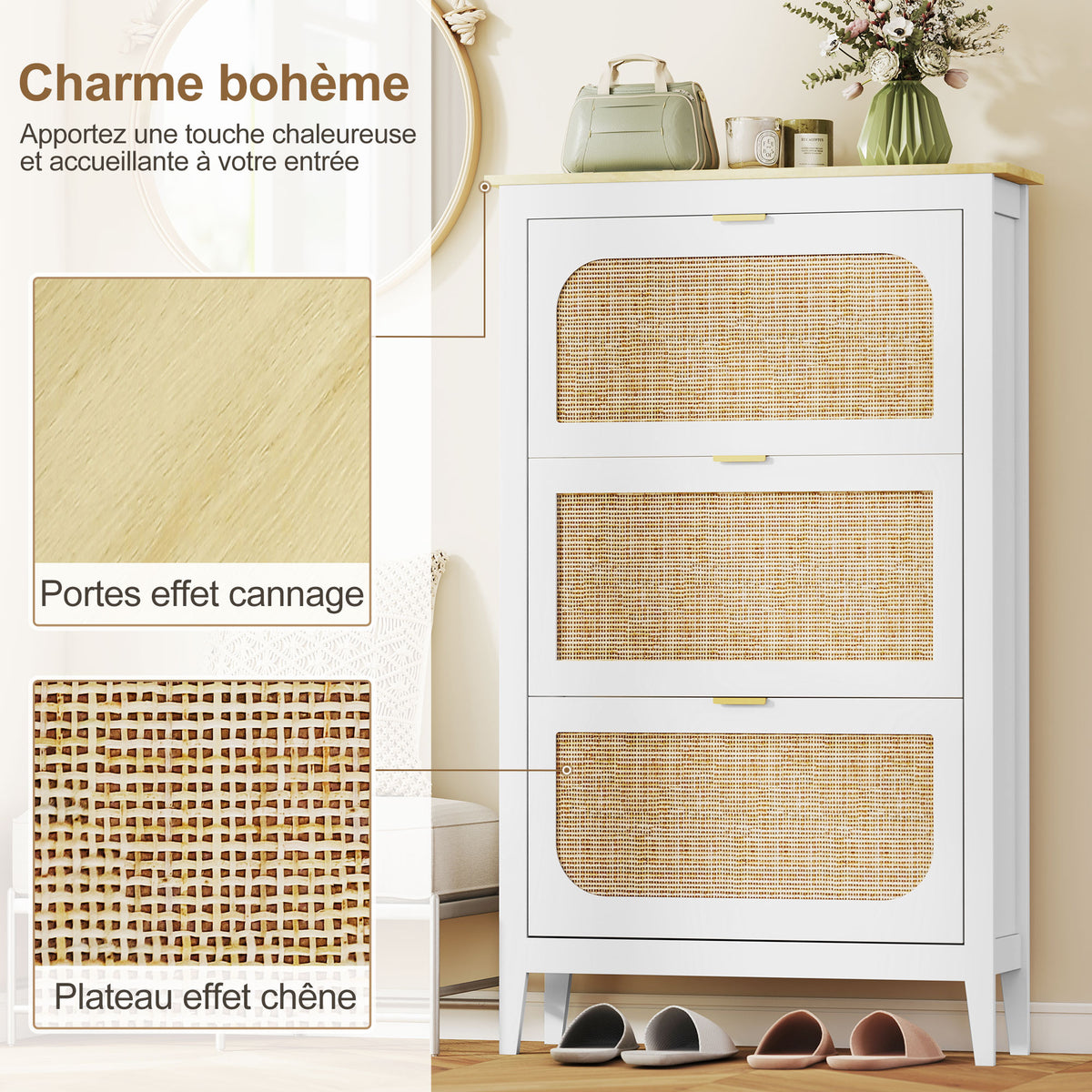 Meuble à chaussures 21 paires bohème avec 3 tiroirs rabattables, portes effet cannage rotin, 80 x 24 x 131 cm, blanc-3