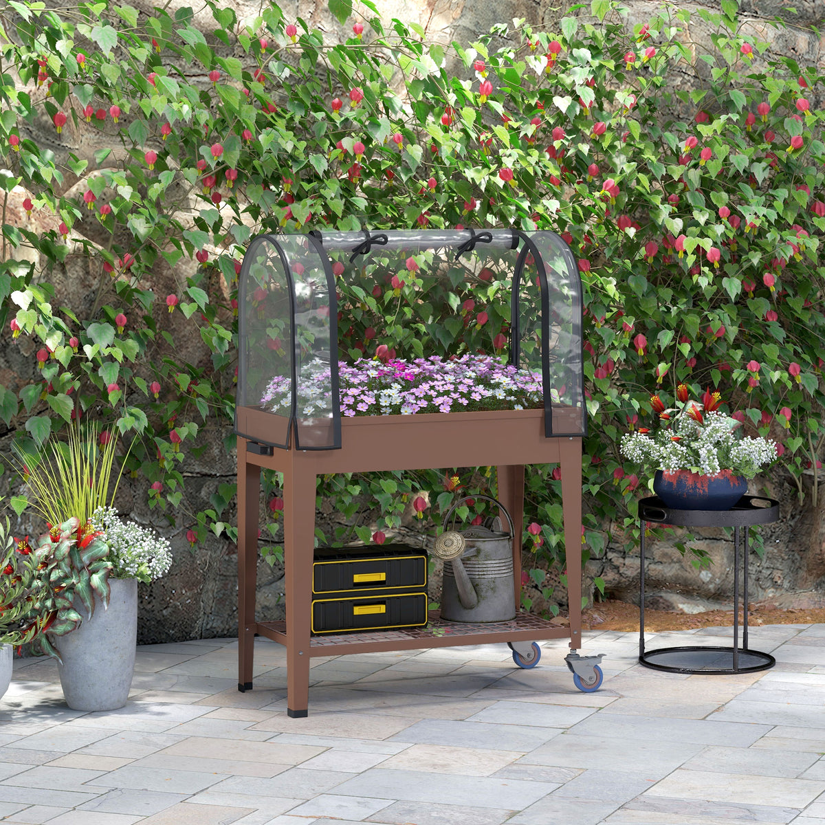 Jardinière surélevée avec bâche transparente, 2 roulettes et 1 étagère inférieure, dim. 80L x 40l x 120H cm-1
