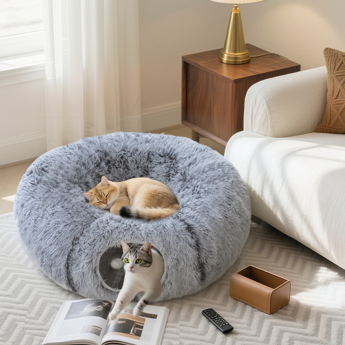 Tunnel pour Chat Intérieur avec Lit de Chat en Forme de Donut, Coussin Circulaire Lavable, 90x80x27cm, Gris Clair-1