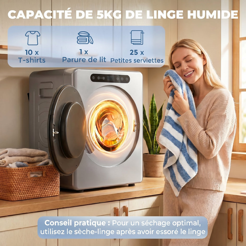Sèche linge à évacuation, sèche-linge électrique 1000 W 3 Kg, 6 modes de séchage, minuterie, acier inoxydable, argent-4