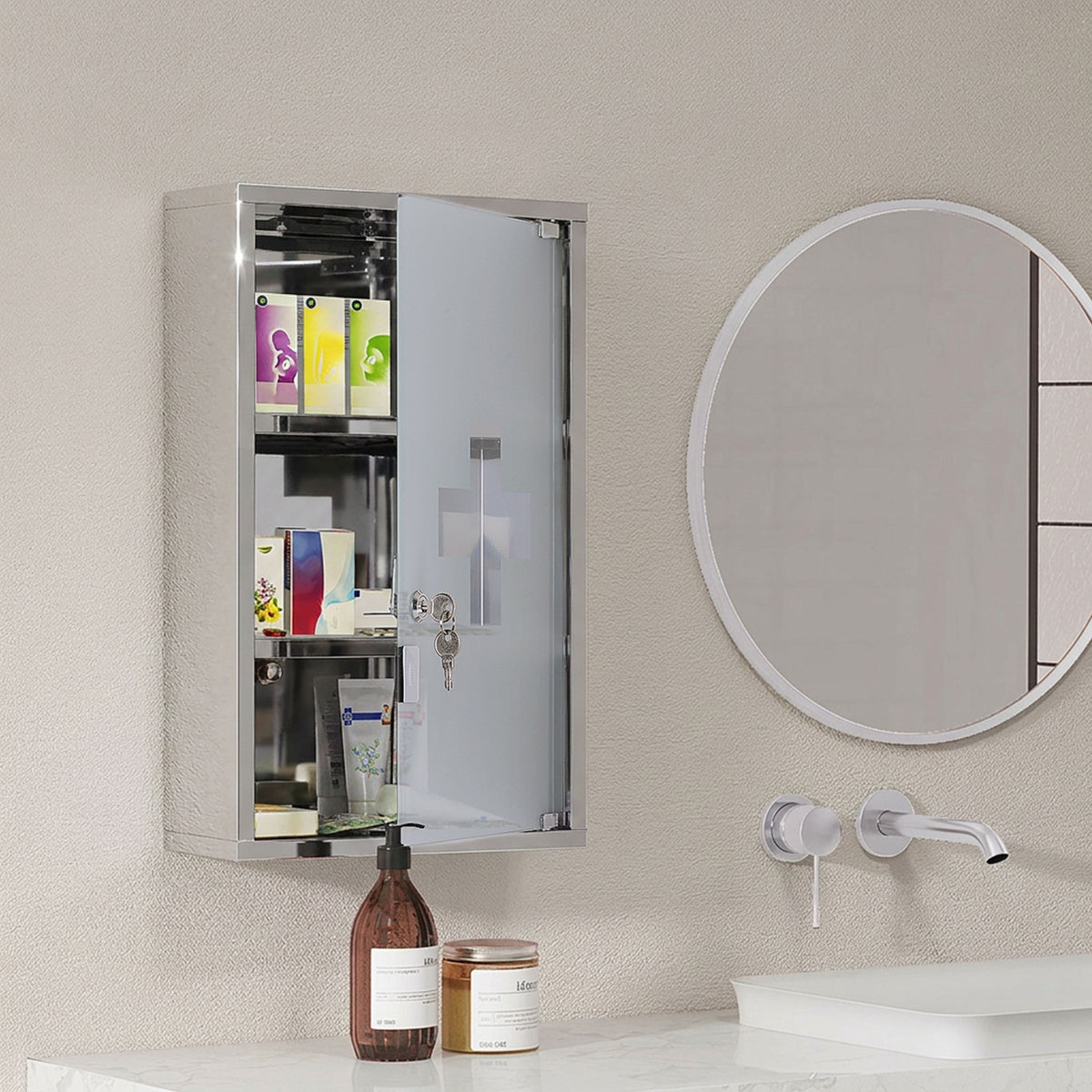 Armoire à pharmacie murale à 3 niveaux en acier inoxydable avec porte verrouillable en verre avec 2 clés-1