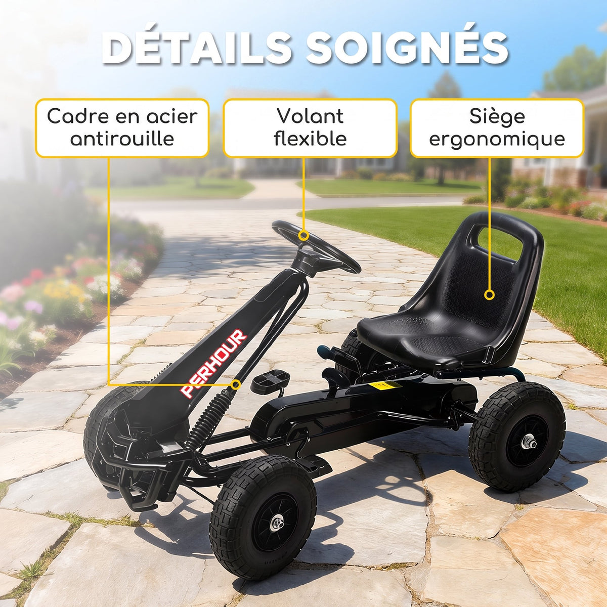 Kart à pédales Go-Kart pour enfants siège réglable pneus EVA embrayage manuel et frein 110 x 61 x 62 cm noir-6