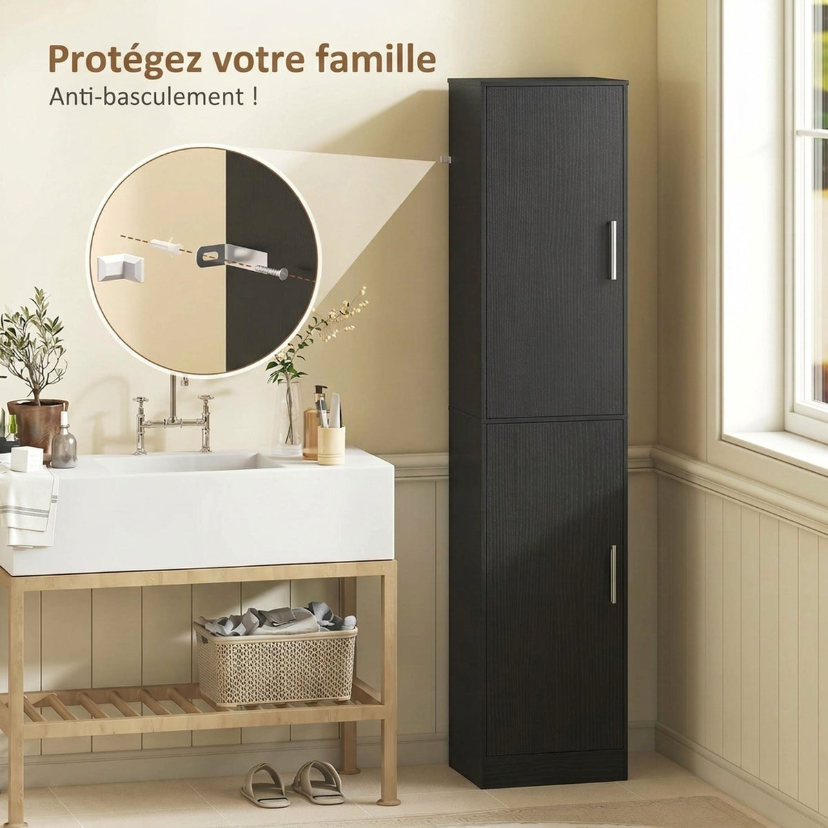 Colonne de Salle de Bain 6 Niveaux, Meuble de Rangement Étroit, 2 Portes et 4 Étagères Réglables, 40x35x180cm, Noir-4