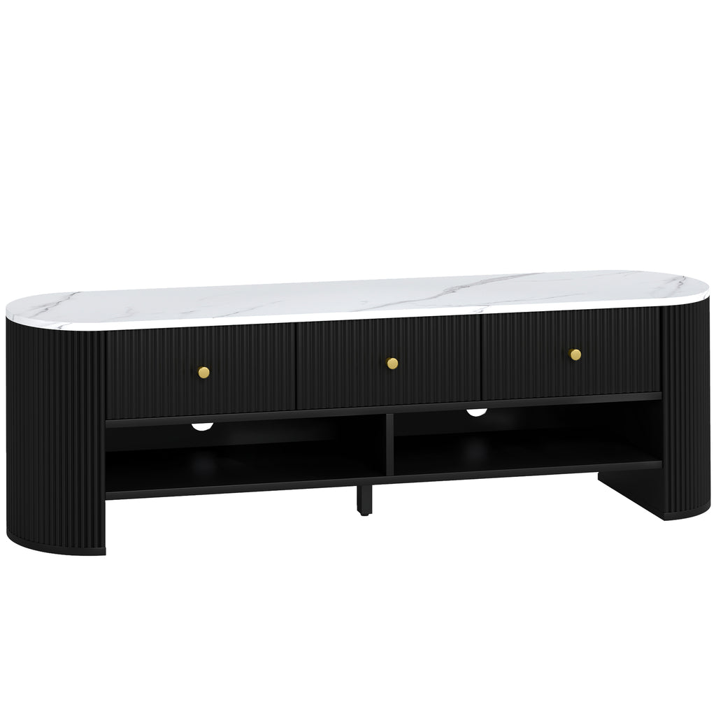Meuble TV 140 cm, meuble télé pour téléviseur 65 pouces effet marbre avec 3 tiroirs façades à cannelures 2 étagères noir-0
