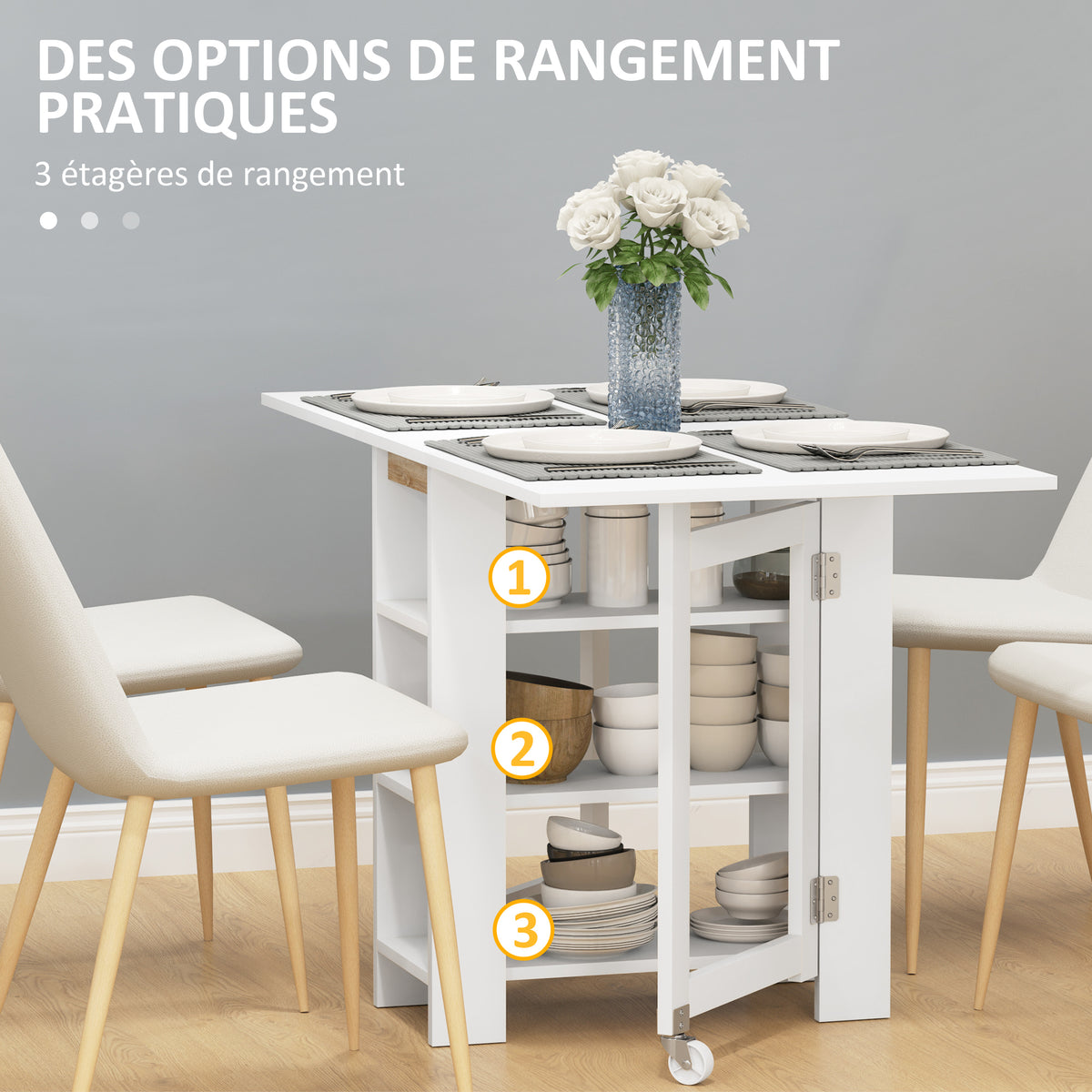 Table à Manger Pliante sur Roulettes, Table de Cuisine pour 2 à 4 Personnes avec Étagères de Rangement, Blanc-3