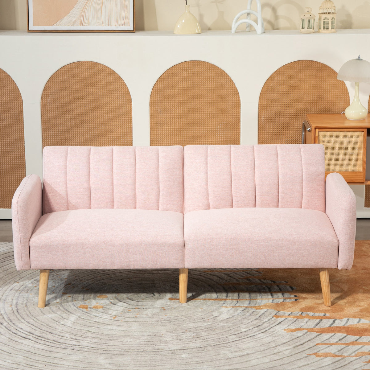 Canapé Convertible 2 Places Design scandinave Dossier inclinable 3 Positions Pieds Bois Tissu Aspect Lin Rose-7