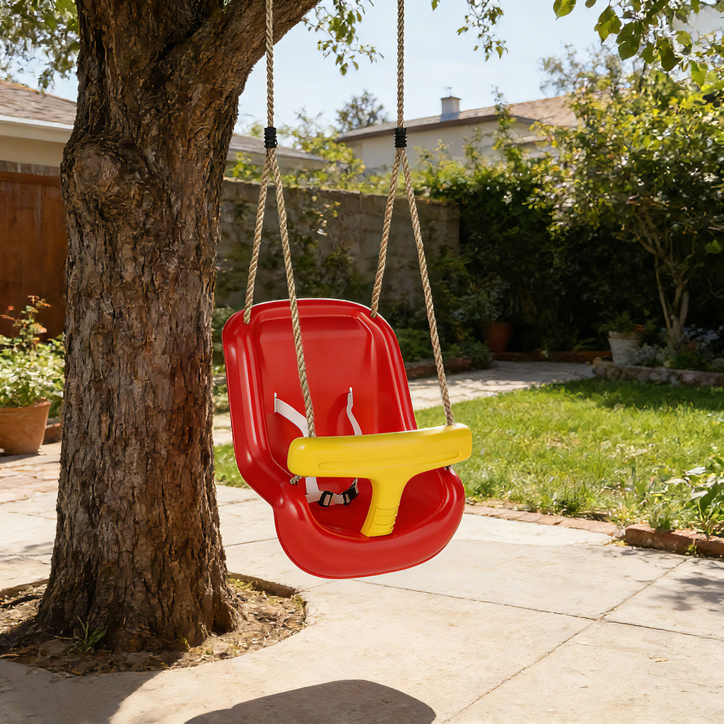 Balançoire pour enfants, balançoire bébé extérieure, dossier haut, barre de sécurité, hauteur ajustable, rouge et jaune-1