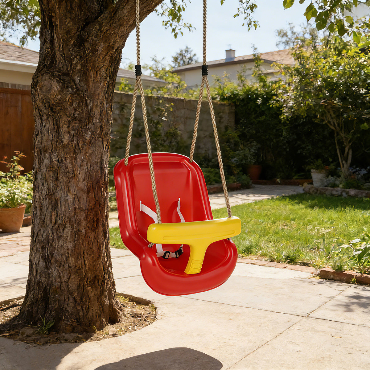 Balançoire pour enfants, balançoire bébé extérieure, dossier haut, barre de sécurité, hauteur ajustable, rouge et jaune-1